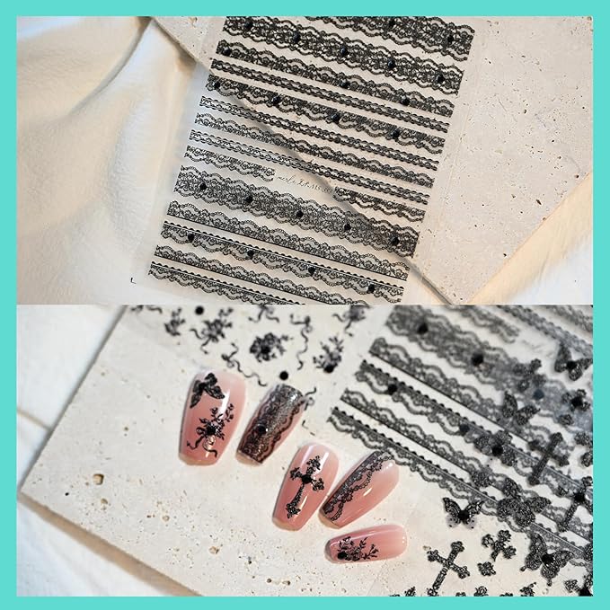 Black Lace Cross Nail Art Stickers Butterfly Totem Rhinestones Embossed Nail Decals Self-Adhesive Nail Accessories for Women Nail Art Supplies 3 Sheets