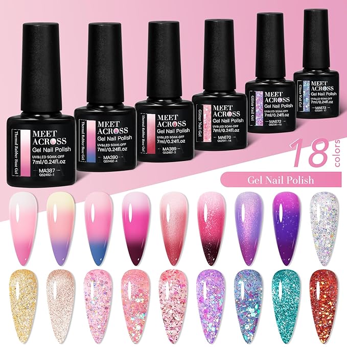 MEET ACROSS Color Changing Rubber Base Builder Gel Polish Nude Pink Purple Mood Temperature Change Nail Polish + Jelly Glitter Gel Nail Polish, Base Color Gel Polish Set 18pcs*7ml