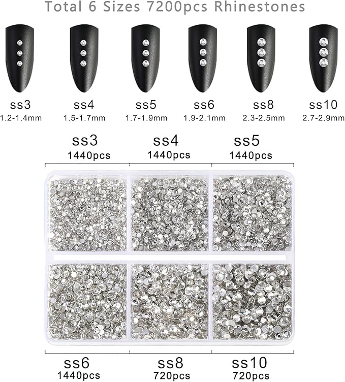 Beadsland 7200pcs Flatback Rhinestones,Clear Rhinestone Nail Gems Round Crystal Rhinestones for Crafts,Mixed 6 Sizes with Wax Pencil Kit, SS3-SS10,Crystal