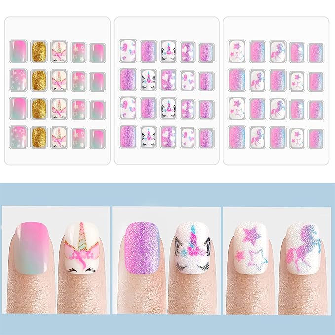 Laza 60pcs Children Nails Press On Pre-glue Full Cover Glitter Gradient Color Rainbow Sparkling Star Unicorn Shell Short False Nail Kits for Kids Teenager Girls - Purple Unicorn