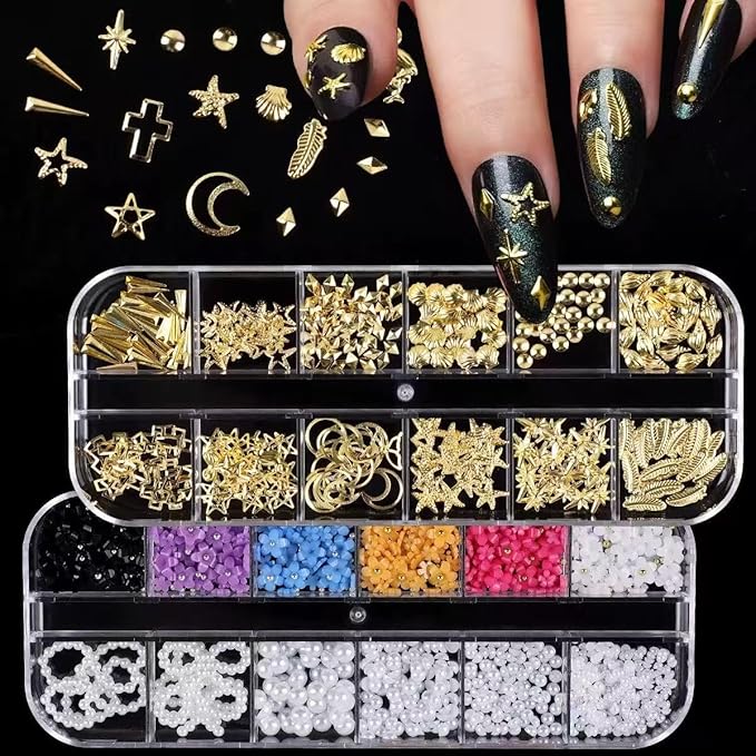 6 Box Nail Charms and Gems, Fruit Bow Hawaii Flowers Petals 3D Nail Art Charms and Flower Nail Art Stickers, Charms Y2K for Nails, Colorful Bubble Beads Nail Rhinestones
