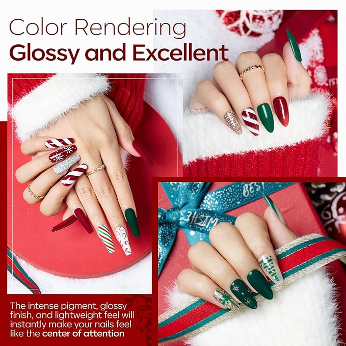 Modelones Christmas Dip Powder Nail Kit, 4 Colors Red Green Gold Glitter Dipping Starter Set with Liquid and Accessories for French Nails Art Salon DIY at Home Manicure