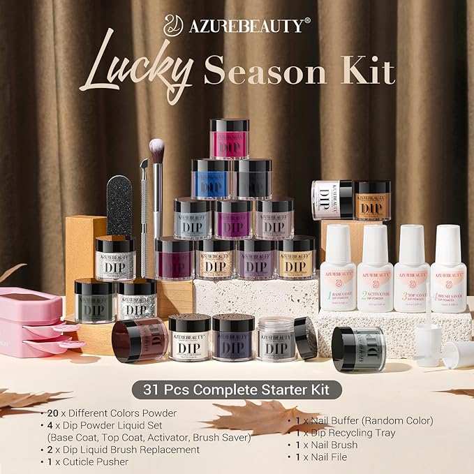 AZUREBEAUTY Dip Powder Nail Kit Starter 20 Colors Glitter Dark Green Grey Purple Fall Winter 31 Pcs Dip Powder Liquid Set with Top/Base Coat Activator for French Nails Art Manicure DIY Salon Gift