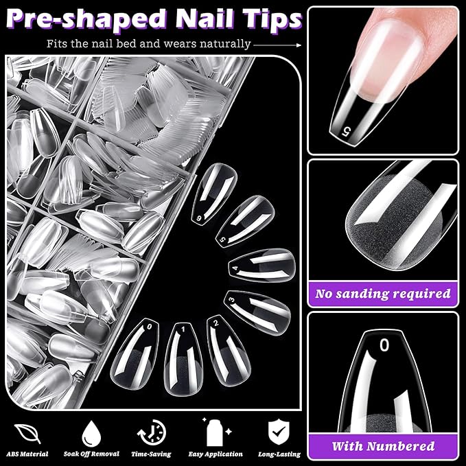 LoveOurHome 750pc Medium Ballerina Nail Tips Clear Fake Nails Ballerina Gel Nail Tips Full Cover Acrylic Nails Clear Press on Nails Medium False Nail 15 Sizes Fingernail for Gel Nail Extension