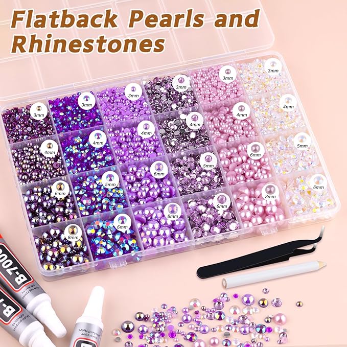 14000PCS Flatback Pearls and Rhinestones for Bedazzling Kit, Purple 3-10mm Resin Rhinestones and Half Pearls for Crafting, Nail Art Dec with 3pcs B7000 Jewelry Glue