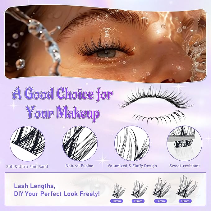 Self Adhesive Eyelashes, Individual Lashes Clusters for Fluffy Lash Clusters Kit, Pre Lash Glue Wispy Cluster Eyelash Extensions Kit Easy to Apply 120 PCs 10mm 12mm 14mm 16mm