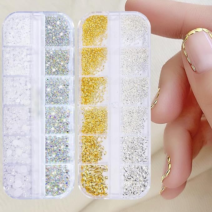 HNUIX Nail Art Charms - Metal Silver & Gold Beads, Flatback Half Round Rhinestones, Small Nail Pearls, 3D Mixed Sizes Decorations for Nails Kits