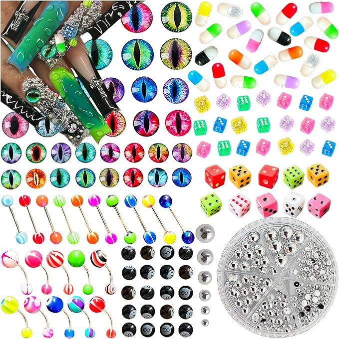 240PCS Nail Charms for Acrylic Nails，Junk Nail Theme Eye Pill Puncture Dice Billiards Silver Half Round Pearl Nail Decorations ，Nail Accessories for Nail Art Supplies Manicure DIY