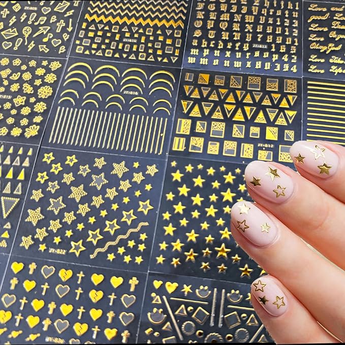 30 Sheets Gold Nail Sticker Star Moon Heart Nail Art Stickers Cute Design 3D Self-Adhesive Nail Decals for Women Girls DIY Nail Art Decoration Accessories