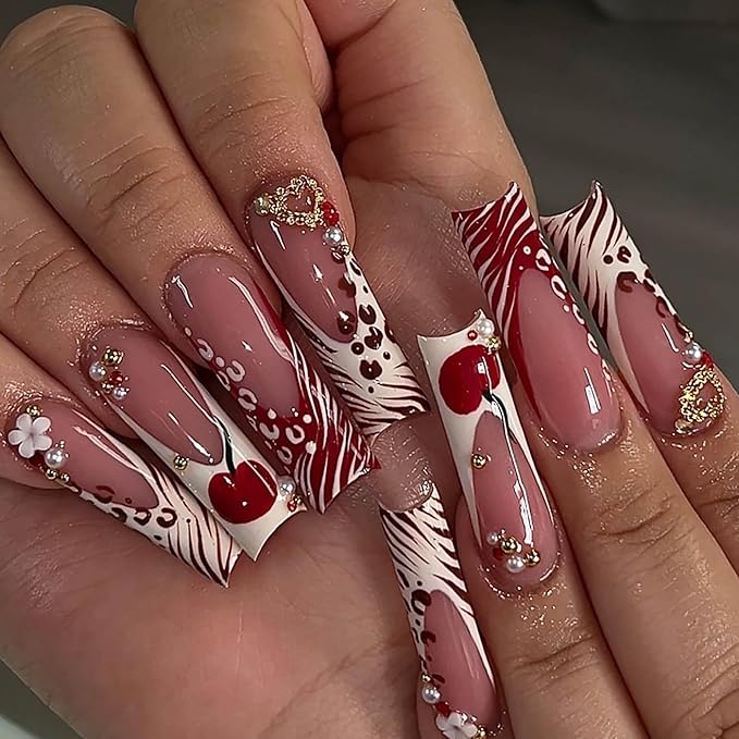 Long Square Press on Nails Xl Fake Nails Red White French Tip Glue on Nail with Cherry and Gold Heart Charm Y2k False Nails Glossy Full Cover Acrylic Nails for Women 24Pcs