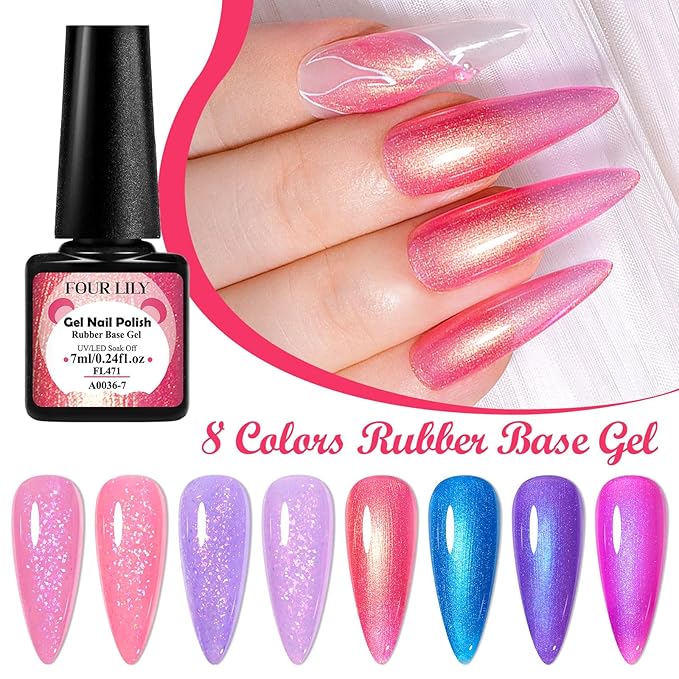 Rubber Base Gel Nail Polish Set Brocade Pink Purple Builder Base Gel in a Bottle Hard Extension Gel Pearlescent Blue 8 Colors Cured for Nails at Home Salon DIY Beginner
