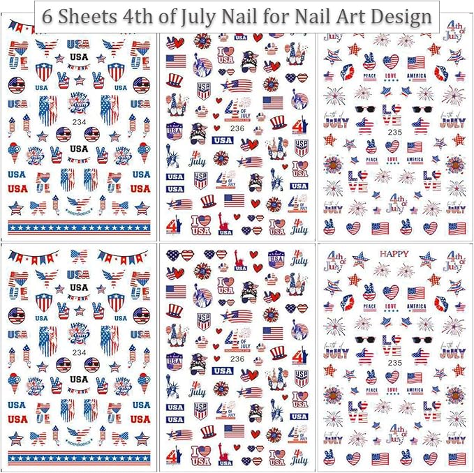 6Pcs/Celebrate 4th of July Nail Stickers for Nail Art Set - Independence Day Fireworks USA America UK Flags Adhesive Nail Art Sticker Decals DIY Patriotic Manicure Sliders Decorations Supplies