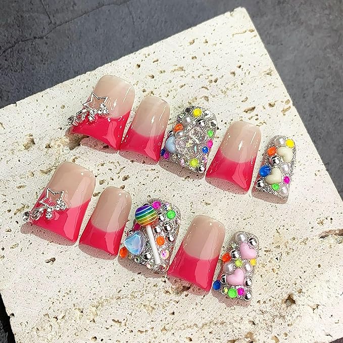 Duck Press on Nails Medium Luxury Handmade Fake Nails Red French Tip False Nails with Glue Charms Design Muti-Layer Gel Thick Press ons Nail Reusable Nail for Women 10Pcs (Size M)