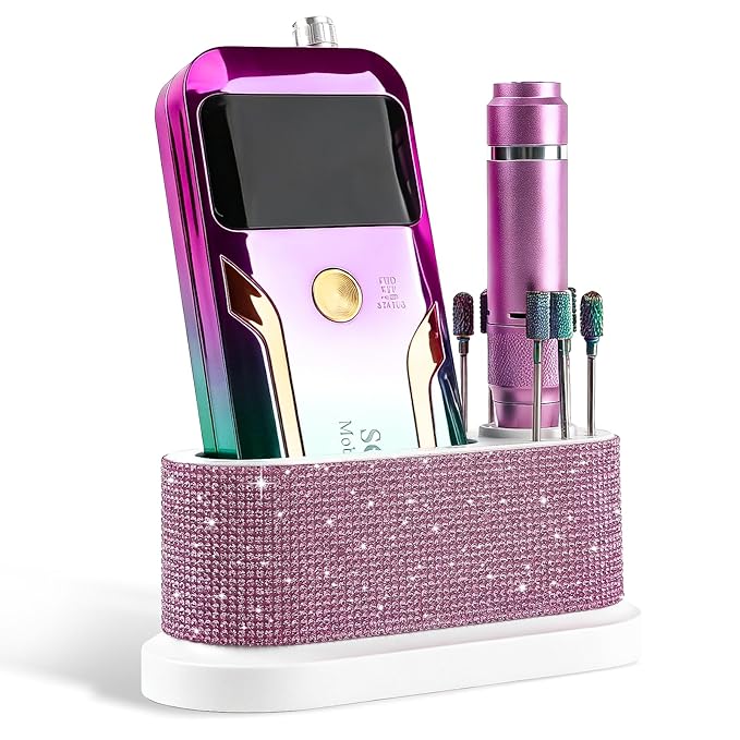 ANGNYA Nail Drill Machine Holder with Pink Rhinestones, 8 Holes Nail Drill Bit Holder, Nail Efile Stand and Organizer Storage Box Case