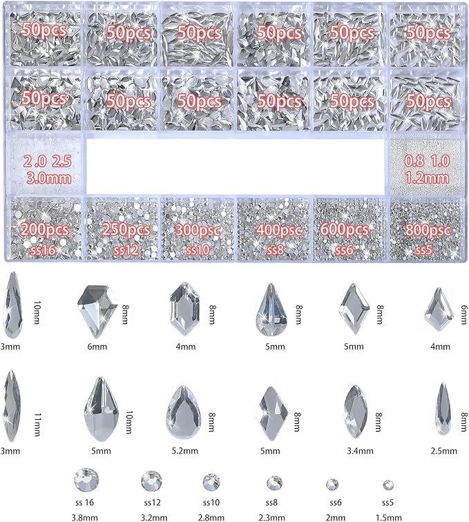 Nail Charms and Gems - 5000 Pcs, 20 Types, 20 Sizes, with Kit, Nail Rhinestones, Faux Pearls, Beads, for Nail Art (Clear)
