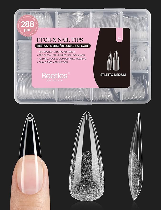 Beetles Gel Nail Tips Etch-X, Stiletto Medium, 288Pcs 12 Sizes, Pre-Etched Half Matte Full Cover Soft Acrylic False Nail Tips Pre-Shaped Easy DIY Fake Nail Extension Salon Gift for Women
