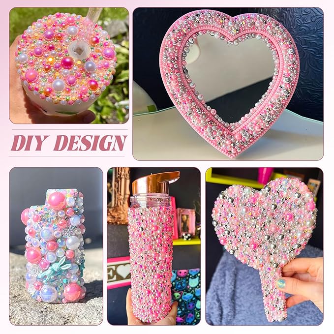 80g Flatback Pearls and Rhinestones for Bedazzling, Pink White Mixed Size 3-10mm Resin Rhinestones and Half Pearls for Crafting, Nail Art and Grad Cap Decoration with Tweezers and Pickup Pencil