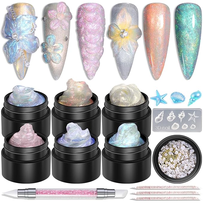 3D Sculpting Gel for Nail Art, 6 Iridescent Aurora Glitter Colors, Non-Sticky Solid Builder Hard Gel for 3D Nail Designs, with Silicone Carving Pen, Seashell Mold, Rhinestones & Pearls