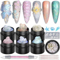 3D Sculpting Gel for Nail Art, 6 Iridescent Aurora Glitter Colors, Non-Sticky Solid Builder Hard Gel for 3D Nail Designs, with Silicone Carving Pen, Seashell Mold, Rhinestones & Pearls