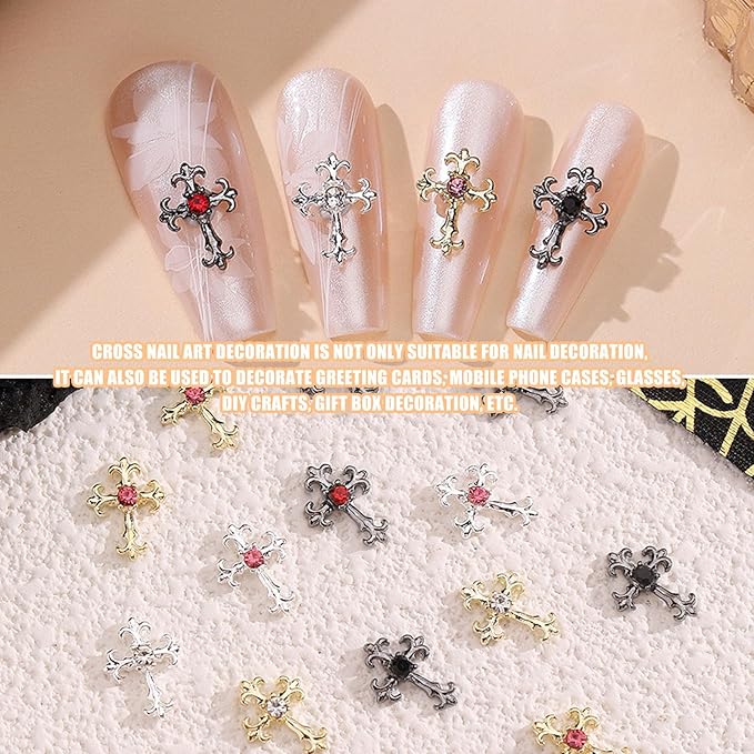 3D Cross Nail Charms, 60 Pcs Gold Silver Crystal Cross Nail Decorations for Nail Art, Metal Nail Rhinestones Cross Charms for DIY Design and Jewelry Making (60pcs Gold + Silver)