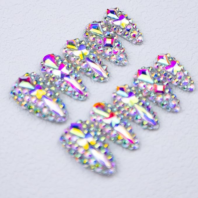 10 Pieces Handmade Press On Nails Medium Almond, Thickened False Nails With Rhinestone Design, Reusable Fake Nails Almond, Reusable Acrylic Nails (S)