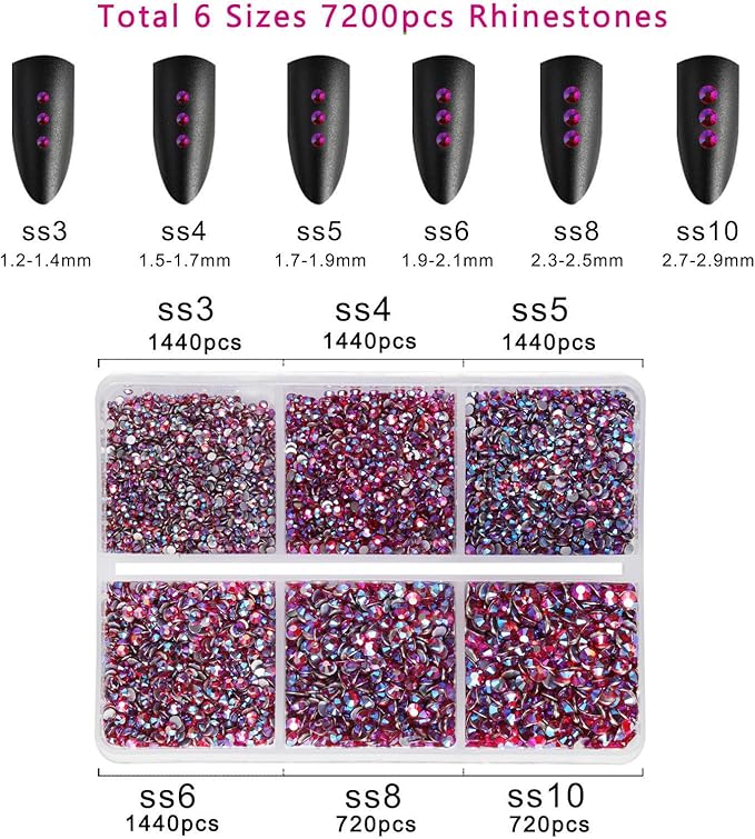 Beadsland 7200pcs Flatback Rhinestones, Light Red AB Rhinestone Nail Gems Round Crystal Rhinestones for Crafts,Mixed 6 Sizes with Wax Pencil Kit, SS3-SS10, Light Siam AB