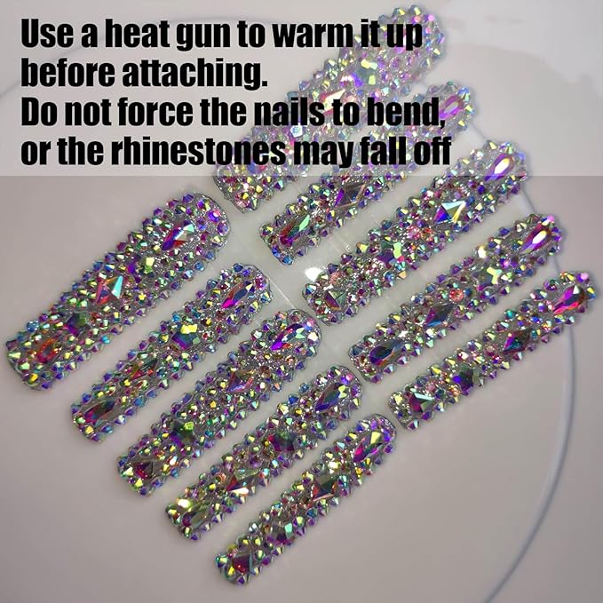 Xxl Press on Nails Extra Long Square Handmade Press-on Nails with Design Rhinestones Press Ons 10pcs M Size Pattern 1104