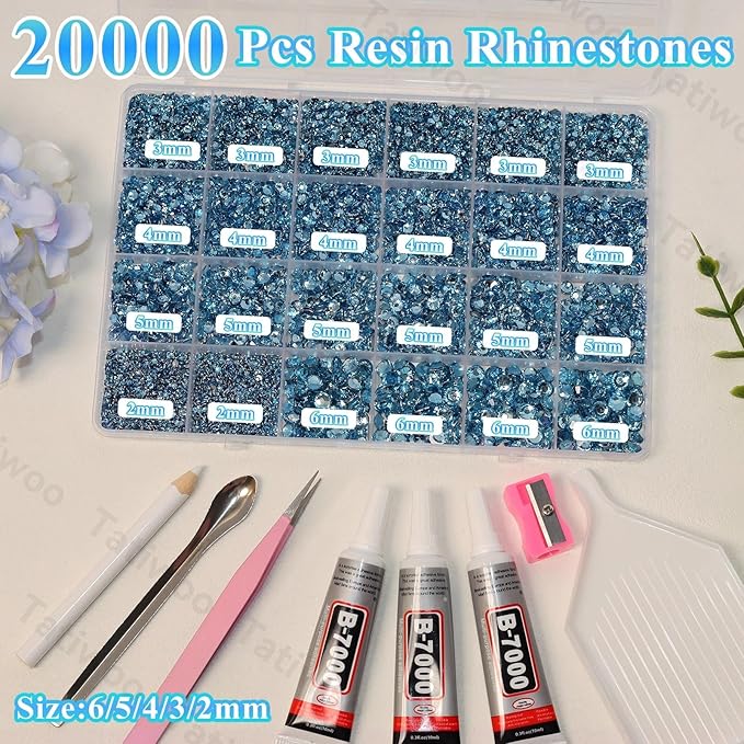 20000Pcs Light Blue Flatback Jelly Resin Rhinestones for Bedazzling, Mix Sizes Crystal Rhinestones Gems, Light Blue Gems Bedazzling for Crafting for DIY Face Makeup Crafts Tumblers