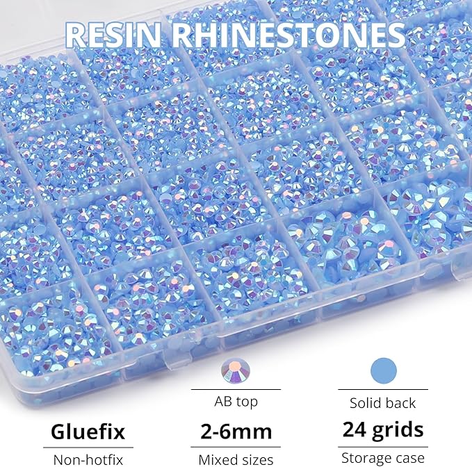31000Pcs Baby Blue Resin Rhinestones for Bedazzling, 2-6mm Mixed Sizes Flatback Gems Crystal Jewels Diamonds Gemstones Stones with B7000 Glue for Crafting Clothes Nails
