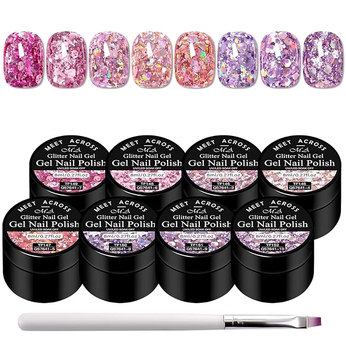 MEET ACROSS 9Pcs Glitter Sequins Gel Nail Polish Sparkly Shiny Pink Purple Gel Polish Set with 1Pc Nail Brush Nail Gel Nail Art Manicure Salon Kit 8 Colors