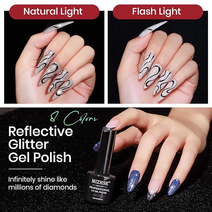 MIZHSE Reflective Glitter Gel Polish, 8 Colors Red Silver Reflective Gel Polish Holographic Christmas Shiny U V LED Soak Off Sparkly Gel Nail Polish for Nail Salon Home DIY Manicure
