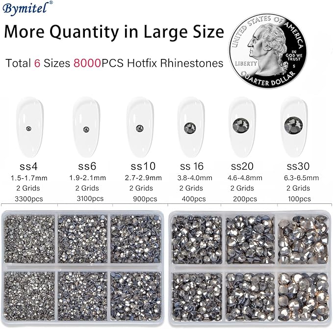 Bymitel Hotfix Crystal Rhinestones Round Gems for Crafts,Mixed 6 Sizes with Wax Pencil Kit, Black Diamond 1.6-6.3mm SS4-SS30/8000pcs