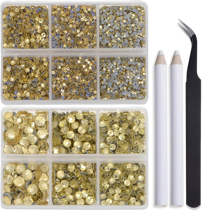 Bymitel Hotfix Crystal Rhinestones Round Gems for Crafts,Mixed 6 Sizes with Wax Pencil Kit, Jonquil 1.6-6.3mm SS4-SS30/8000pcs