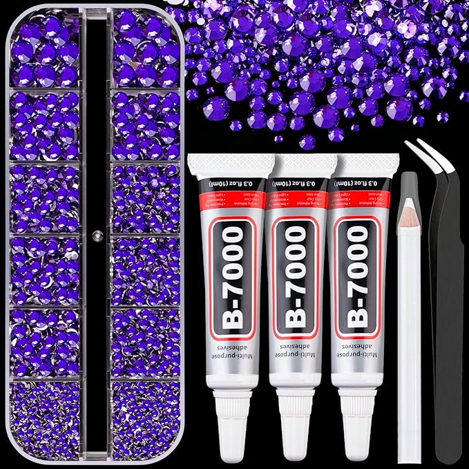 Resin Rhinestones for Crafting with B7000 Jewelry Glue, 1 Box Blue Purple Flatback Crystals with 3Pcs 10ml Glue for Bedazzling Crafts DIY Nail Art Makeup，Non Hotfix Gems for Clothing Shoes