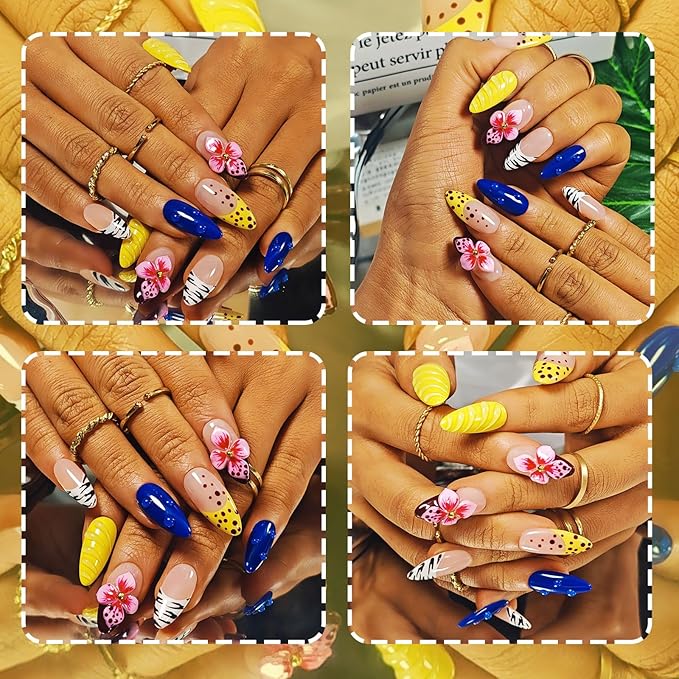 Handmade Acrylic Press On Nails Almond, 3D Press On Nails Medium, Yellow French Tip Nails 3D Flower Bee With Bubble For Women Gift, Reusable Stick On Fake Nails Kit With Nail Glue(Bee's Garden-L)
