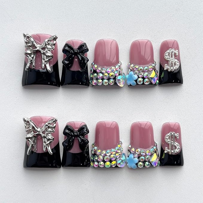 French Tip Press on Nails Handmade Short Duck 3D Flower Thick Acrylic Nails Black False Nails with Bow Rhinestones Butterfly Designs Cool Glossy Fake Nail Sturdy Art Press on Nail 10Pcs(M)