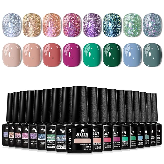 MTSSII Nude Pink Rose Red Green Blue Gel Nail Polish 18 Pcs Set Silver Yellow Pink Purple Glitter Gel Nail Polish with Base Gel Set Glitter Polish Kit for DIY Nail Art Women Gifts