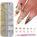 Gold & Silver Nail Caviar Beads, Mixed Size Half-Round Metal Nail Beads for Nail Art, Flatback Alloy Nail Decorations with Tweezers, Manicure Accessories, Balines para Uñas