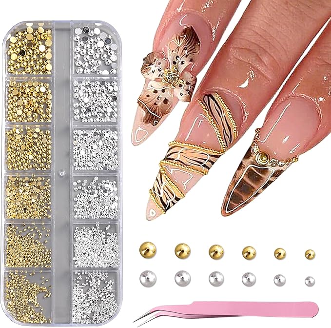 Gold & Silver Nail Caviar Beads, Mixed Size Half-Round Metal Nail Beads for Nail Art, Flatback Alloy Nail Decorations with Tweezers, Manicure Accessories, Balines para Uñas