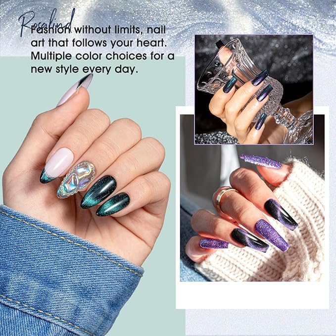 ROSALIND 42pcs gel nail polish set, 12 Colors Cat Eye Gel Polish with 4Pcs Gel Base and Glossy Matte Glitter Top Coat All Seasons Nude Blue Red Nails Gel Kit DIY Salon