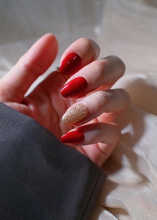 Semi Cured Gel Nail Strips, 20Pcs Long Lasting Salon Quality Wraps, Easy Apply & Remove Gel Nail Stickers with UV Light (Luxe Red Gold)