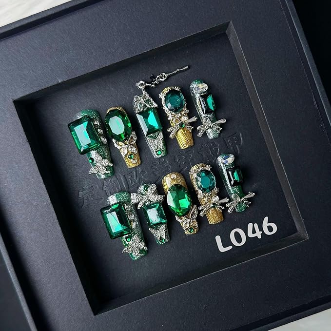 100% 5D Handmade Press on Nails Green Diamond False Nails Long Coffin Fake Nails Press ons Silver Bow Butterfly Nail Charms Press on Nails for Women Girls Daily Wear DIY Manicure Size M