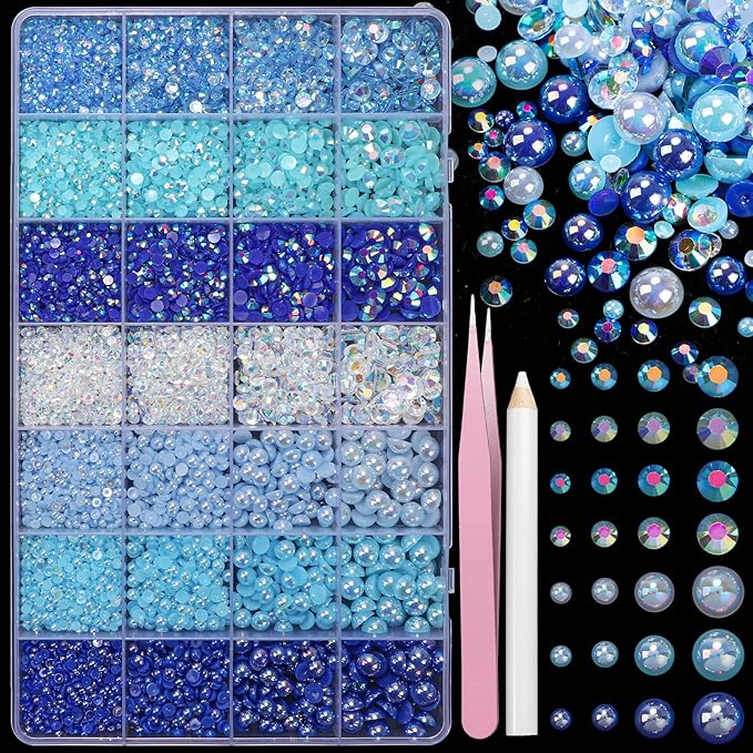22000 Pcs Blue Flatback Pearls and Rhinestones Bedazzling Kit, Resin Rhinestones Gems for Crafting, Mixed Size Half Pearls Gems for Nails Face Eyes Makeup Bottles Shoes DIY Crafts