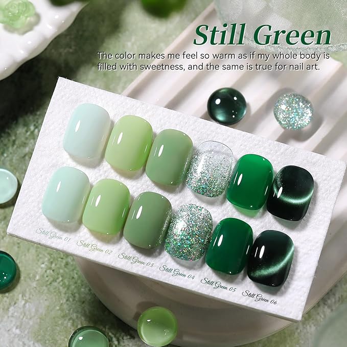 BORN PRETTY Green Gel Nail Polish Set Shimmer Glitter Cat Magnetic Eye Gel Polish Olive Emerald Forest Light Green Soak Off U v Gel Polish Kit for Salon Manicure and Nail Art DIY at Home