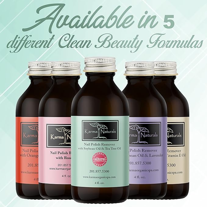 Karma Organic Nail Polish Remover with Soybean Oil and Tea Tree Oil- Non Toxic, Vegan, Cruelty Free, Acetone Free – Nails Strengthener for Fingernails – 4 fl. Oz.