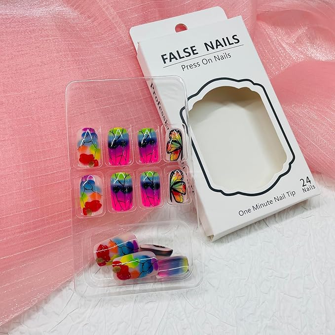 Square Press on Nails Medium Fake Nails with Designs Butterfly Stick on Nail Colorful Acrylic False Nail Glossy Artificial Nail Full Cover Glue on Nails for Women