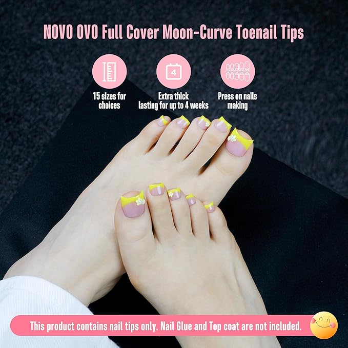 NOVO OVO Halloween Short Medium Toe Nail Tips with Moon Curve, Sharp Square Extra Thick Full cover Press on, Soft Gel False Toenail Extension Kit, Clear Matte Fake Nails DIY Pedicure x15 Sizes 330 Pcs