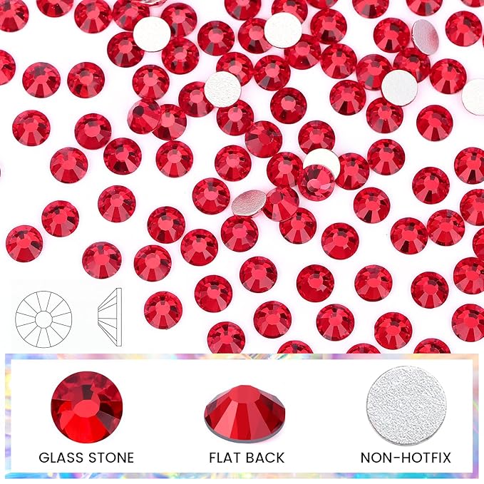 Novani Red Rhinestones, Flatback Crystal Loose Gemstones 1440pcs Glass Rhinestones for Clothes Shoes Crafts Makeup Nail Art and DIY Decorations(SS12, Light Siam)