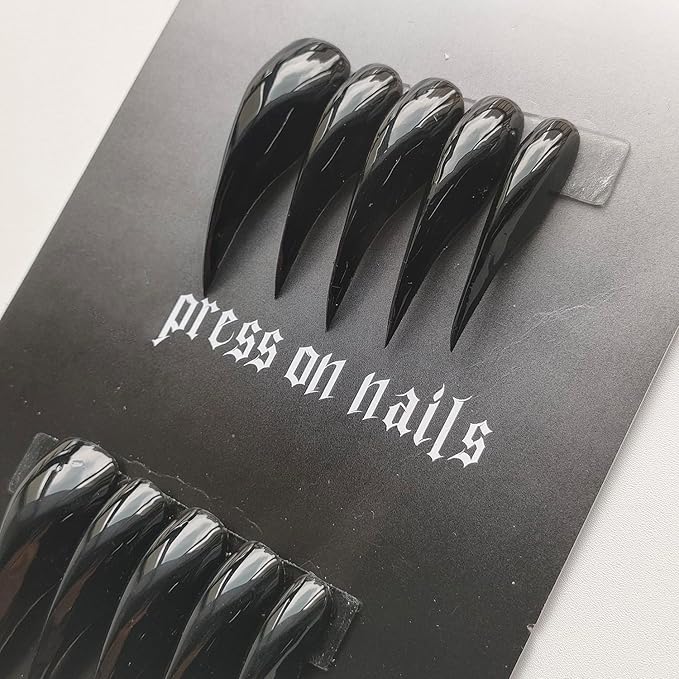 Luxury Press on Nails Medium Curved Stiletto Handmade Eagle Claw Unique Reusable ABS Material Fake Nails Dragon Cat Claw False Nails with Designs Black Glossy Glue on Nail Thick Acrylic Nail(M)