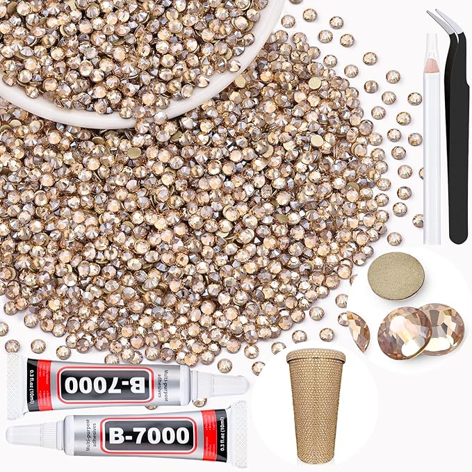 3000PCS SS8/2.5mm Crystal Rhinestones (Golden Shadow/Champagne) with 2Pcs 10ml B7000 Jewelry Glue, Bedazzling Flatback Glass Rhinestones for Crafting, Gems Diomand for Tumbler Shoes Clothing Nail Art